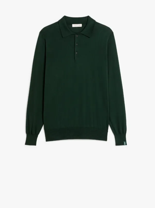 Bottle Green Cotton Long Sleeve Polo Shirt