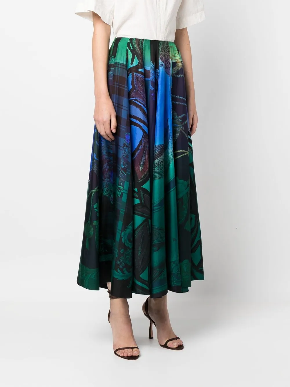 Ferragamo Hand-printed Silk Skirt In Green