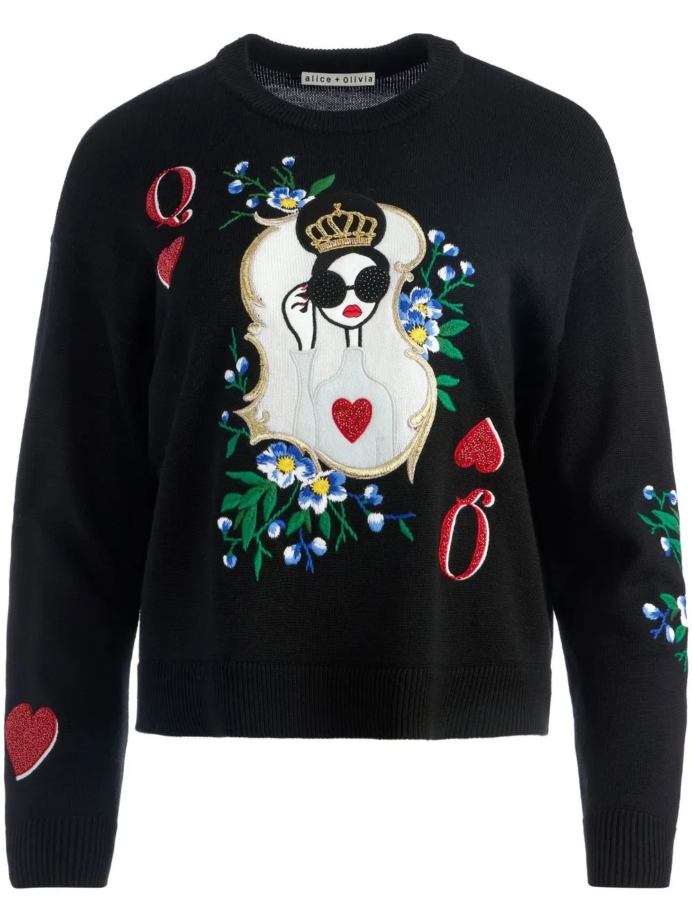 

alice + olivia Gleeson embroidered crew-neck jumper - Black