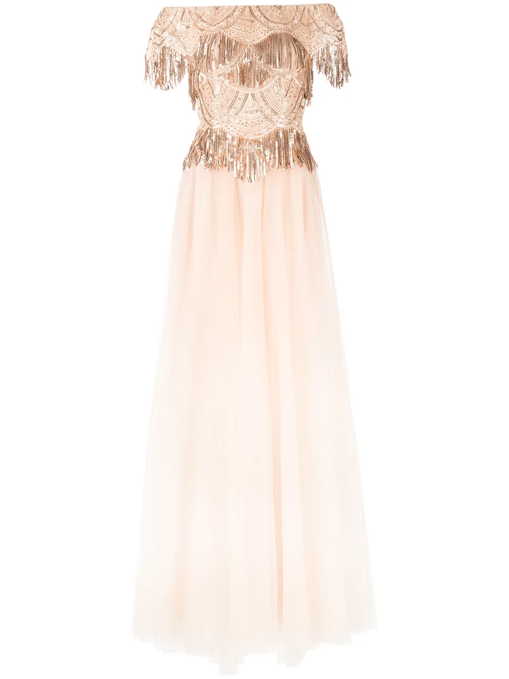 

Tadashi Shoji fringe-detail off-shoulder gown - Neutrals