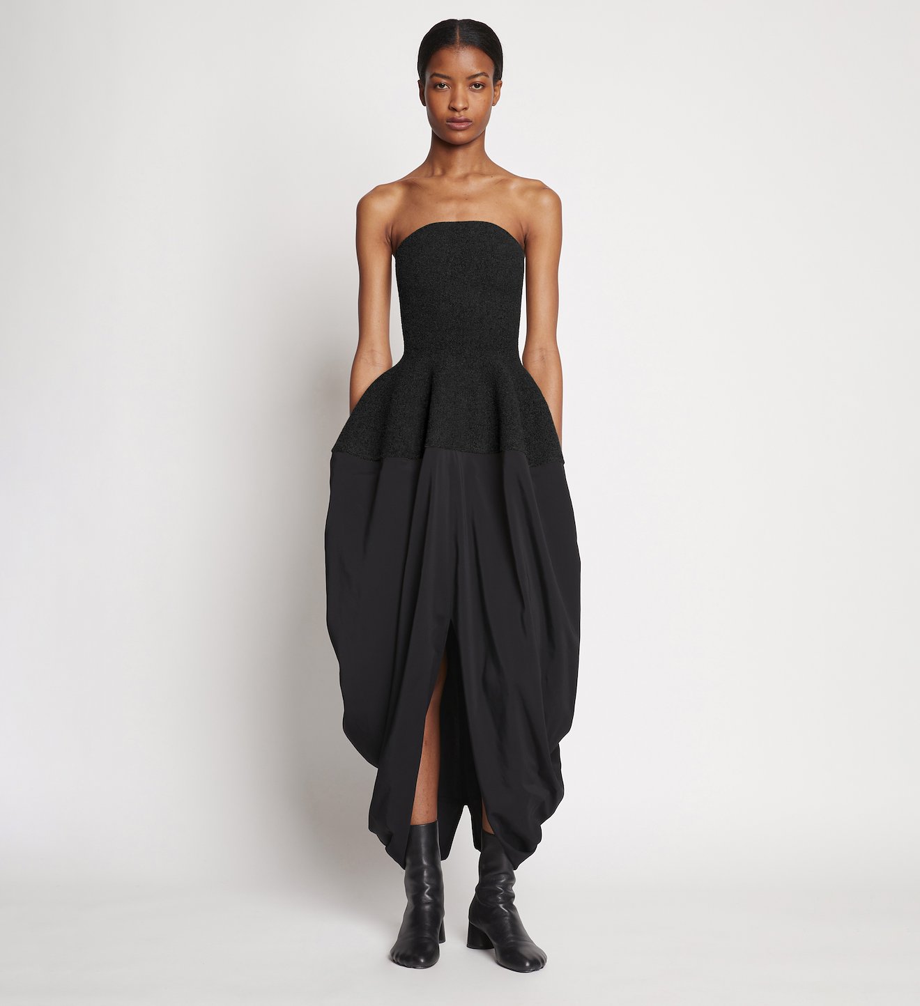 Sculpted Silk Boucle Strapless Knit Dress