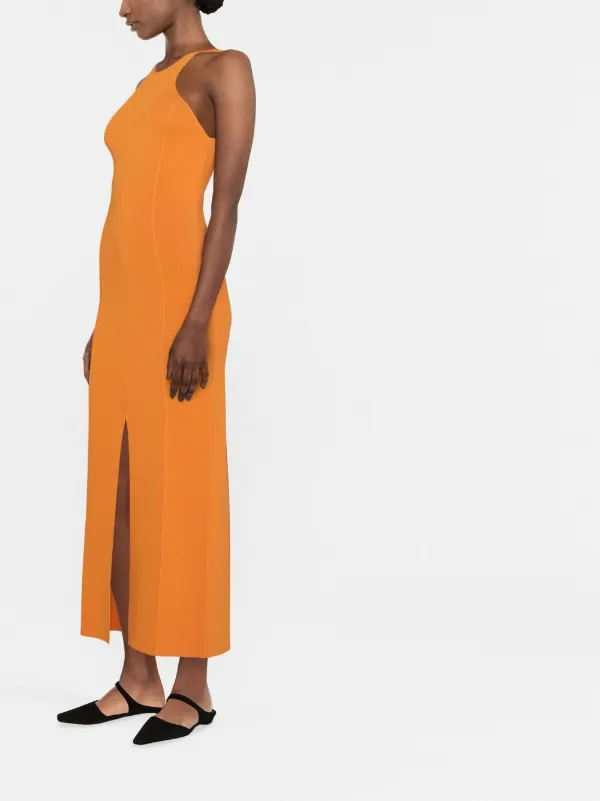 knee length dresses for ladies Orange Ribbed Fitted Midi Dress