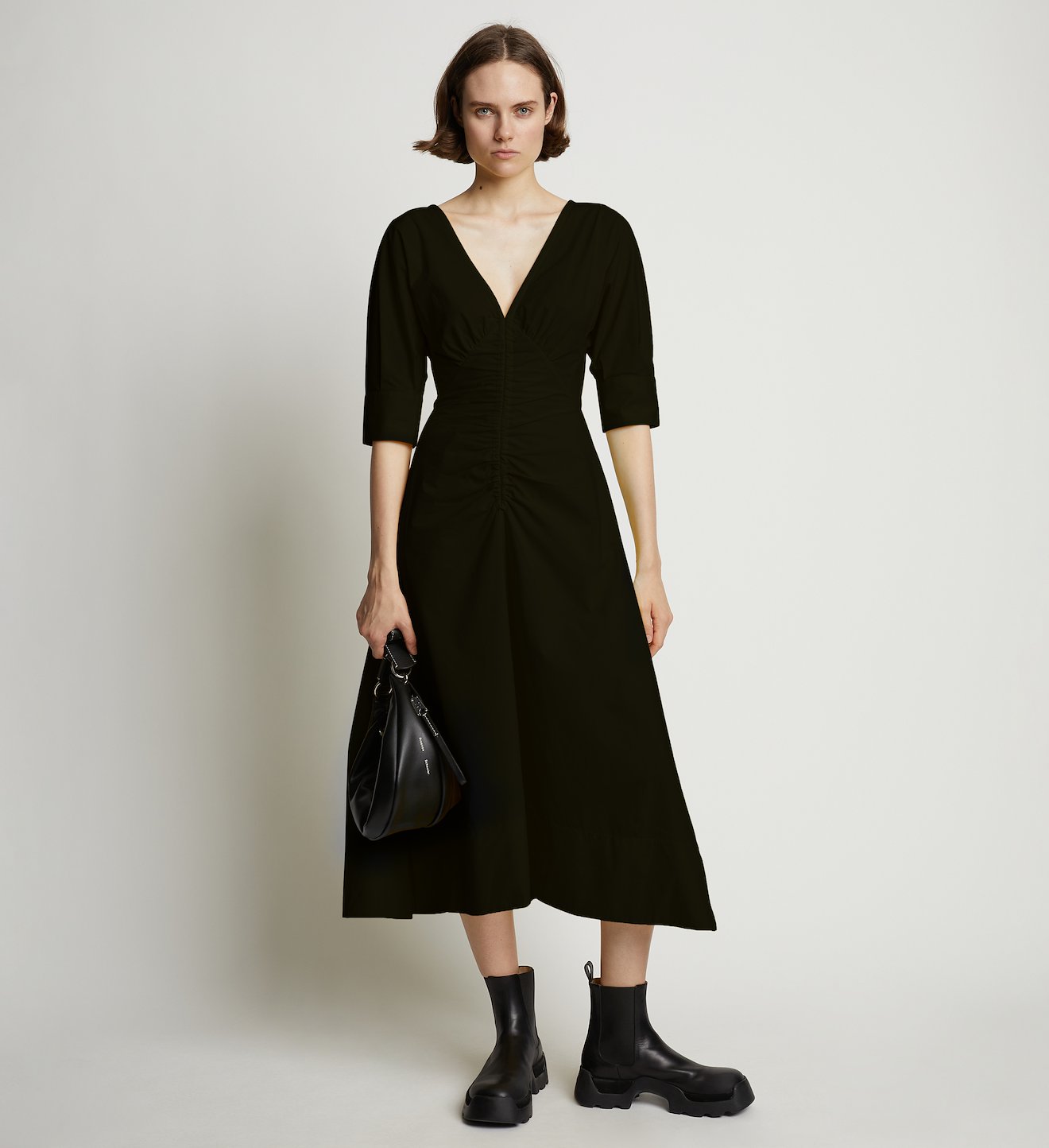 Poplin V-Neck Puff Sleeve Dress
