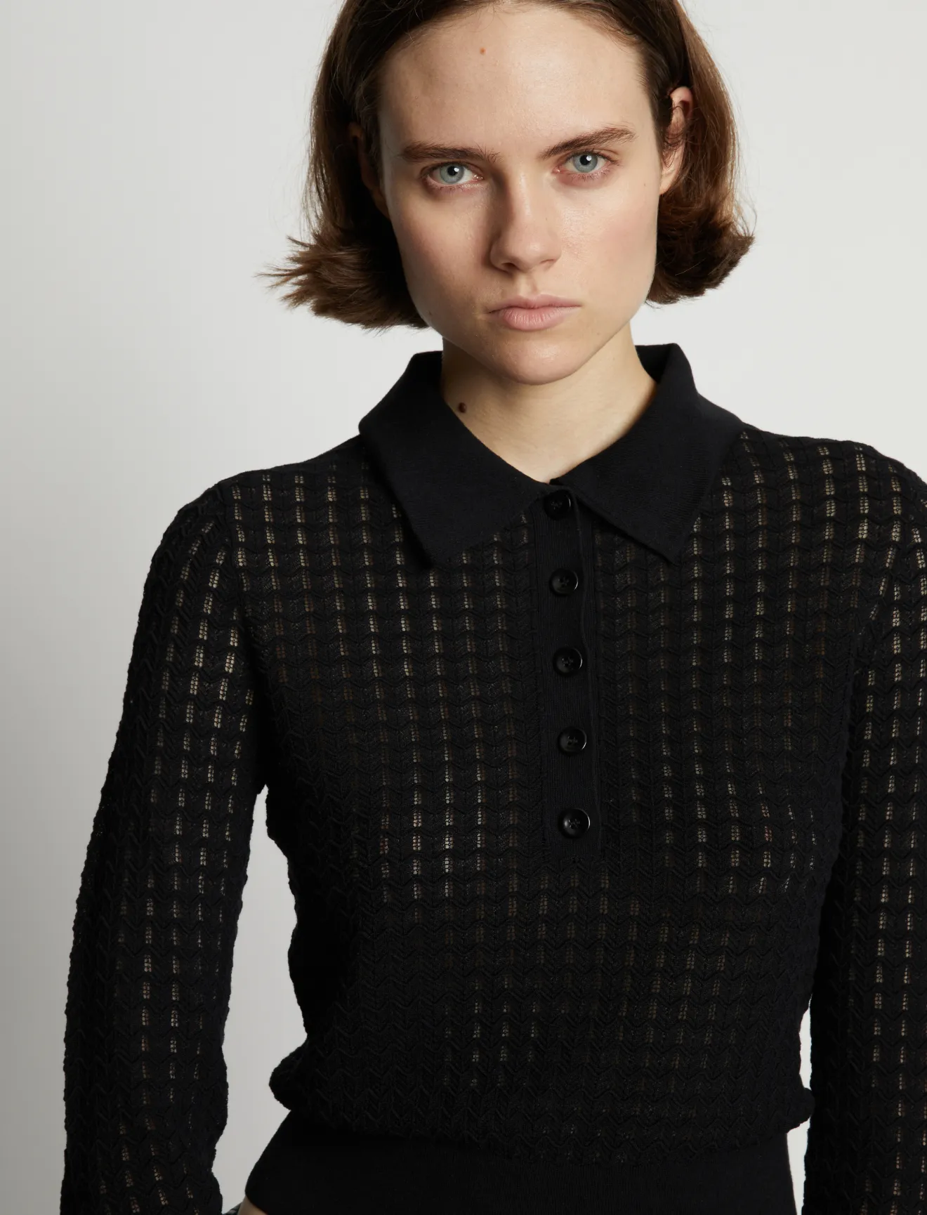 Sheer Cotton Long Sleeve Polo in black | Proenza Schouler