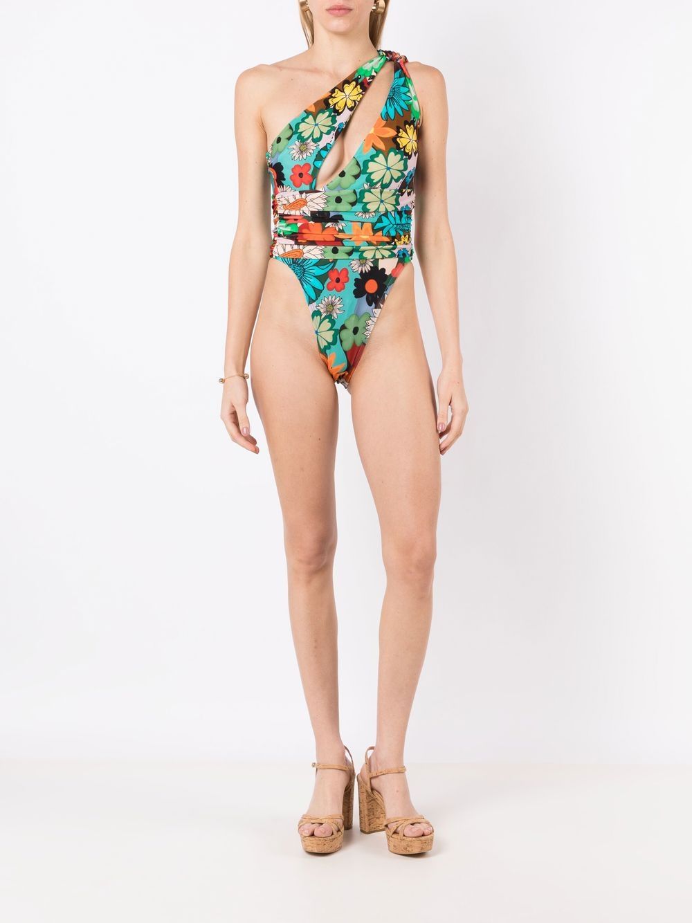 Shop Amir Slama Floral-print One-shoulder Swimsuit In Multicolour