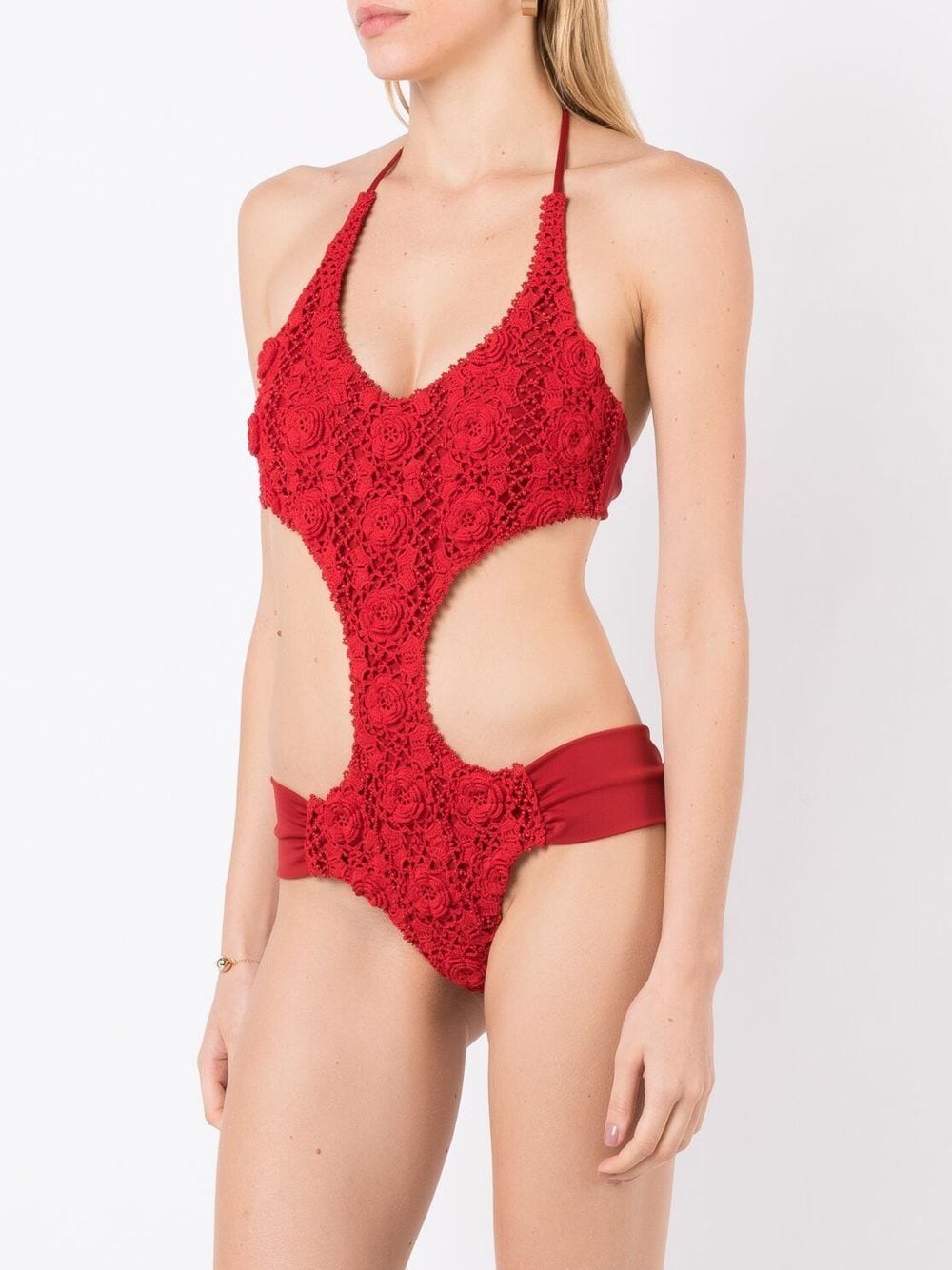 Shop Amir Slama Floral-lace Detail Halterneck Swimsuit In Red