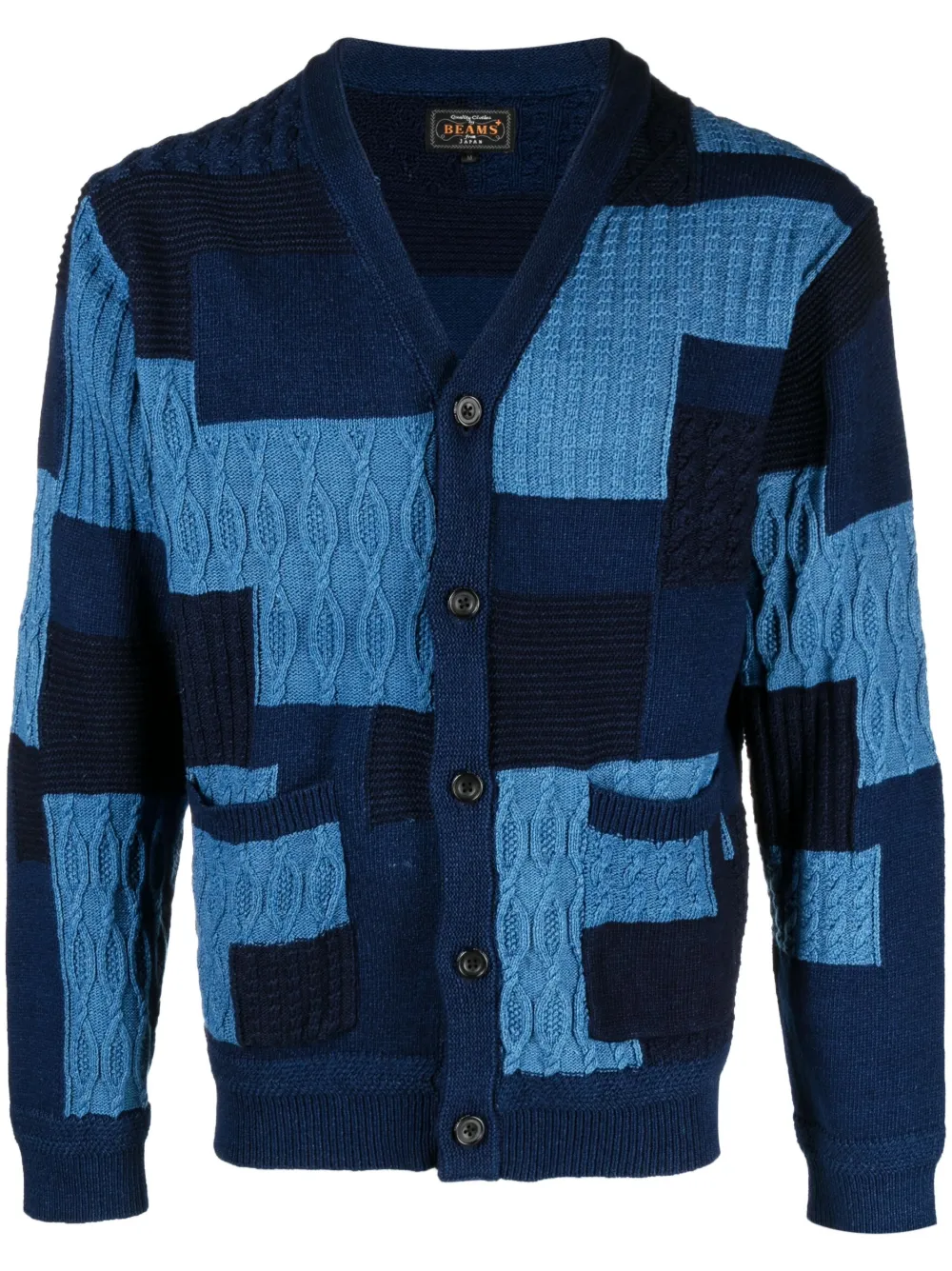 BEAMS PLUS patchwork-jacquard knit cardigan - Blue