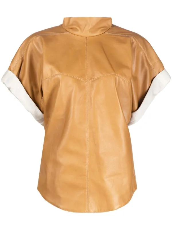 Isabel Marant Baiao Roll-sleeve Leather Top in Brown