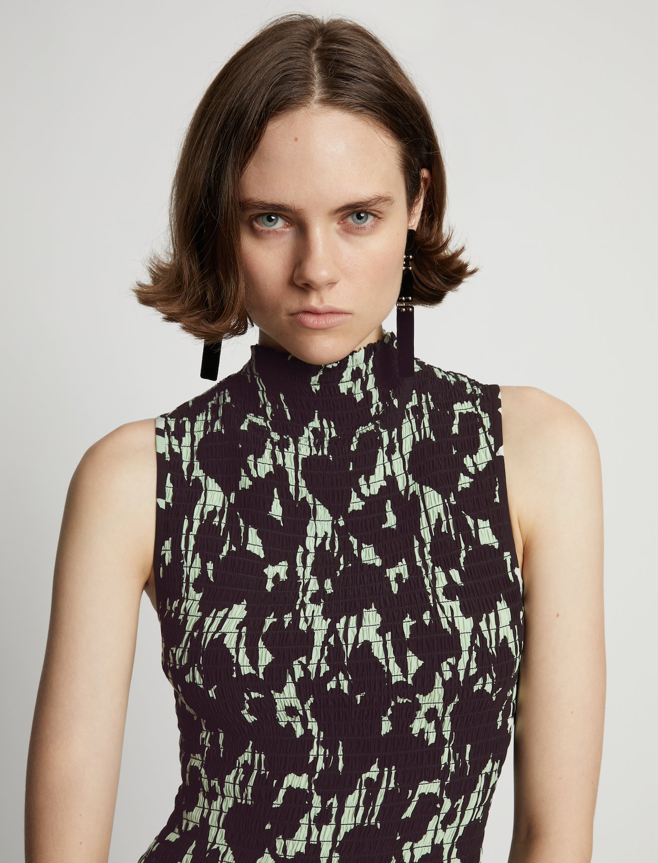 Printed Smocked Mini Dress in black | Proenza Schouler