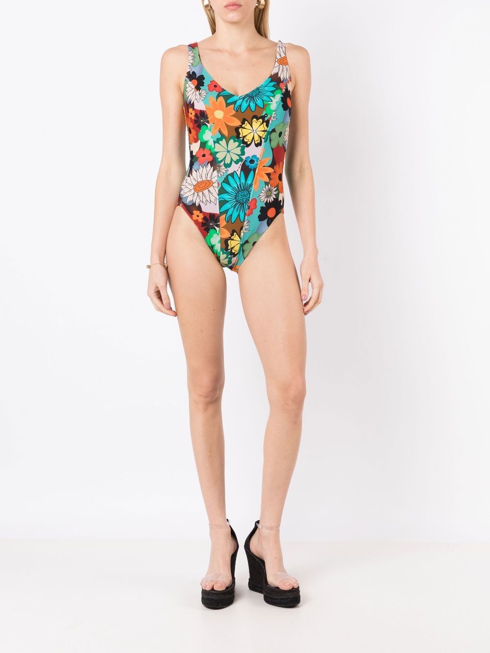 Shop Amir Slama Floral-print Open Back Swimsuit In Multicolour