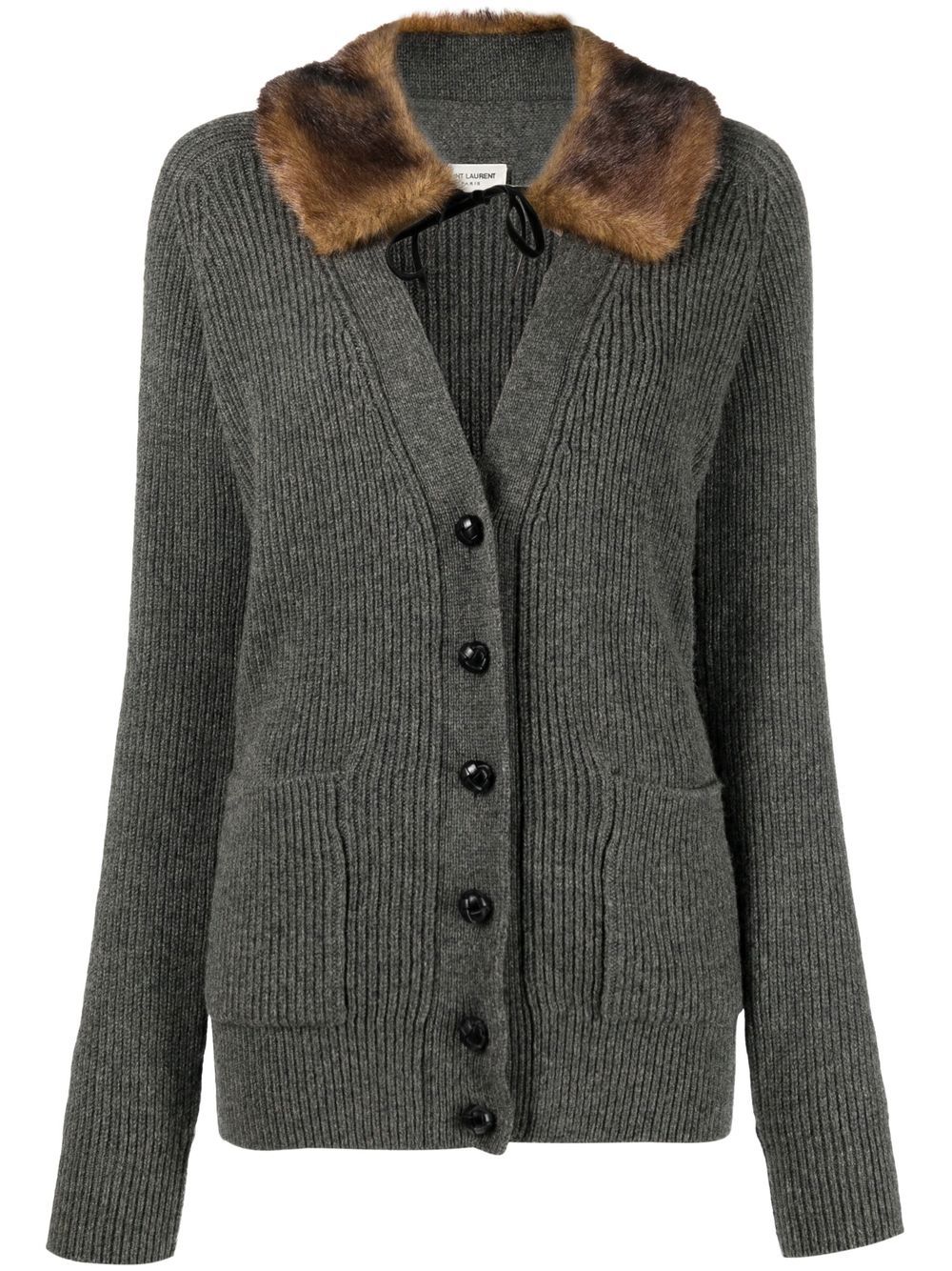 Saint Laurent shearling-trim ribbed cardi-coat - Grey