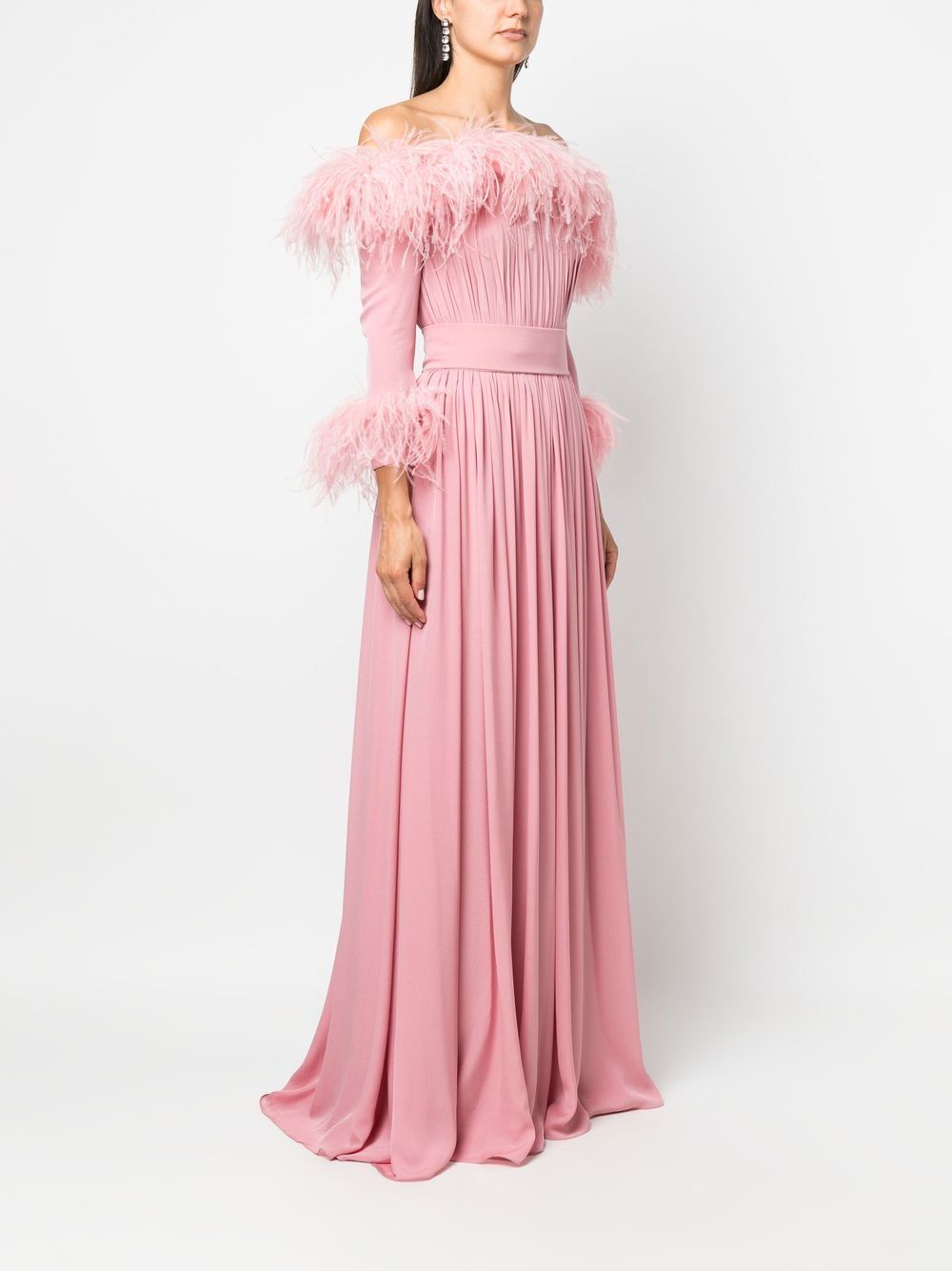 Shop Elie Saab Feather-trimmed Silk Gown In Pink
