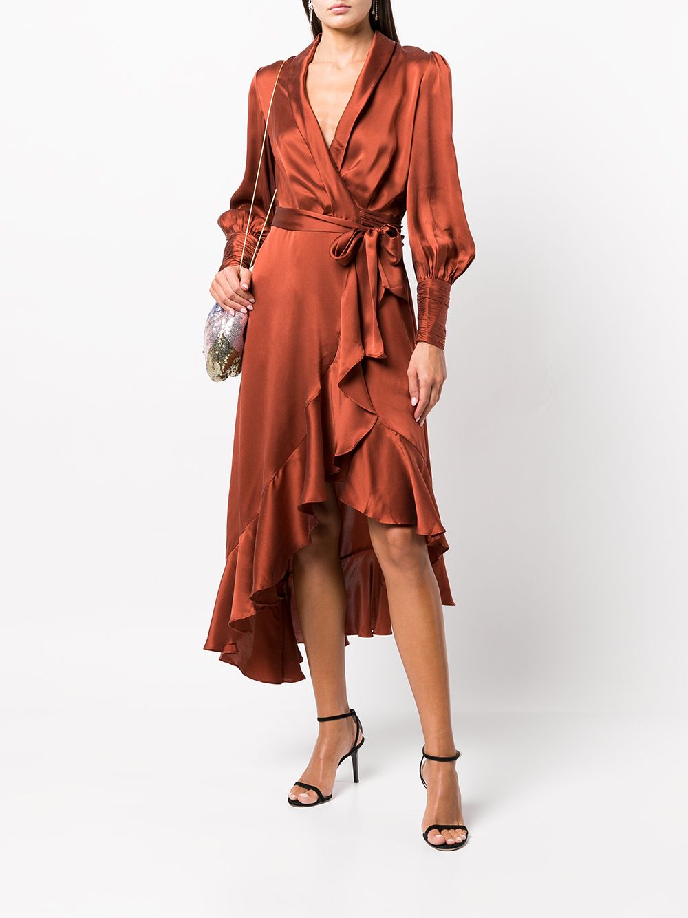 Zimmermann Silk Satin Wrap Midi Dress In Orange | ModeSens