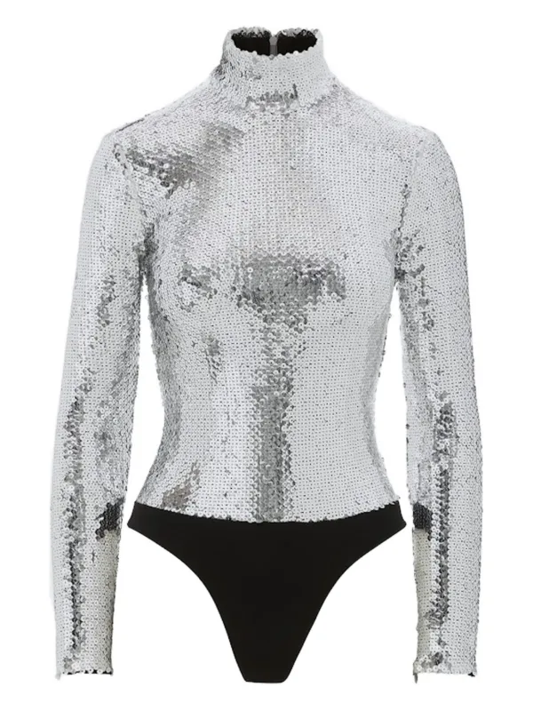Brandon Maxwell Sequinned Mock-neck Bodysuit in Silver