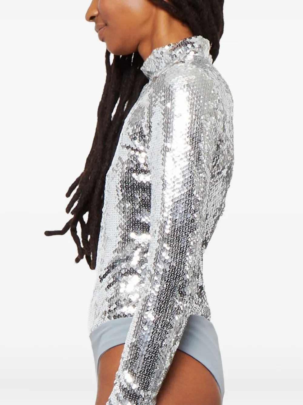 Brandon Maxwell Sequinned Mock-neck Bodysuit In Silver