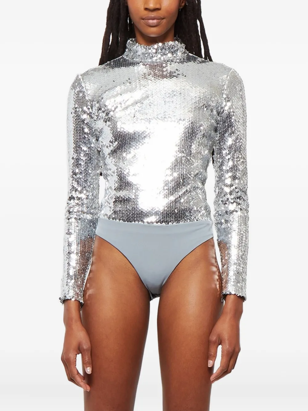 Brandon Maxwell Sequinned Mock-neck Bodysuit In Silver