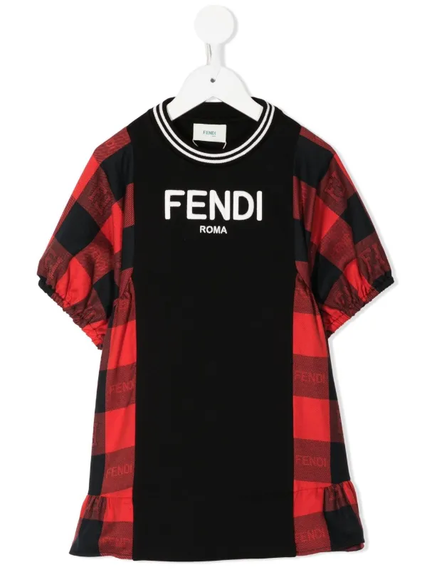 FENDIフェンディ　キッズ女の子用ブロックチェックロゴ刺繍ワンピース Fendi Kids チェック ワンピース | ブラック | FARFETCH JP
