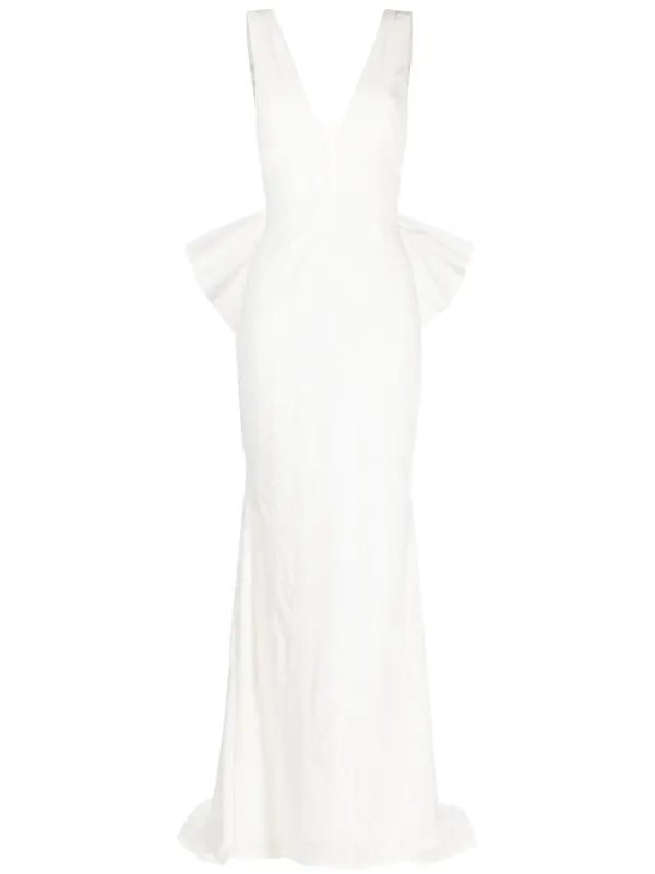 ◆関税込◆【REBECCA VALLANCEC】 bow-detail taffeta gown Bow-detail embellished crêpe gown in blue - Rebecca Vallance
