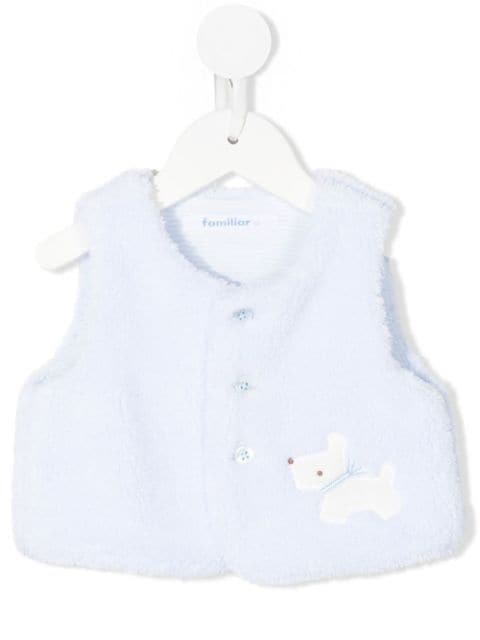 embroidered-dog faux-fur waistcoat