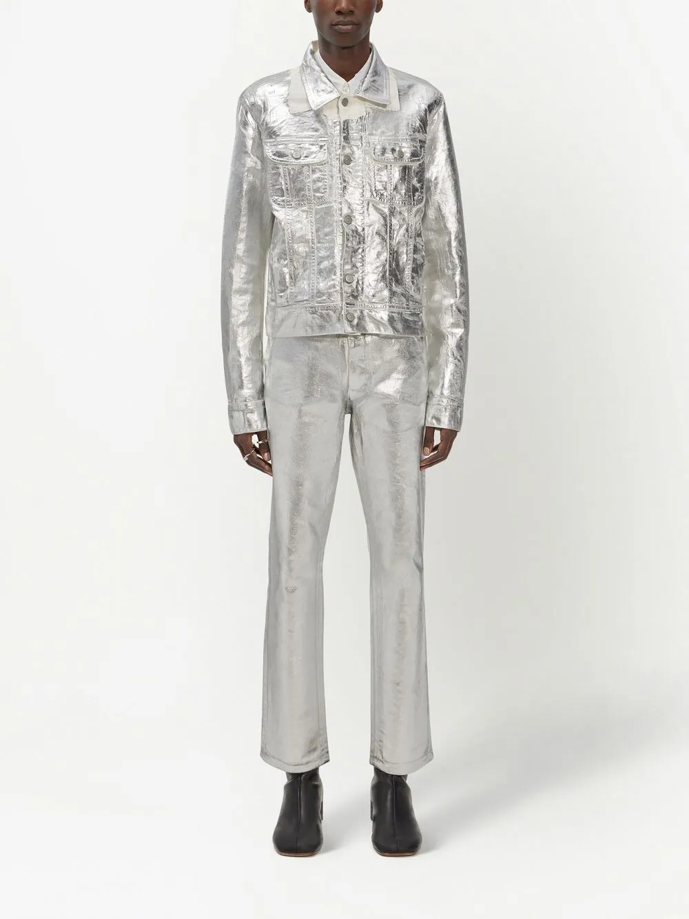 Shop Mm6 Maison Margiela Metallic Denim Jacket In White