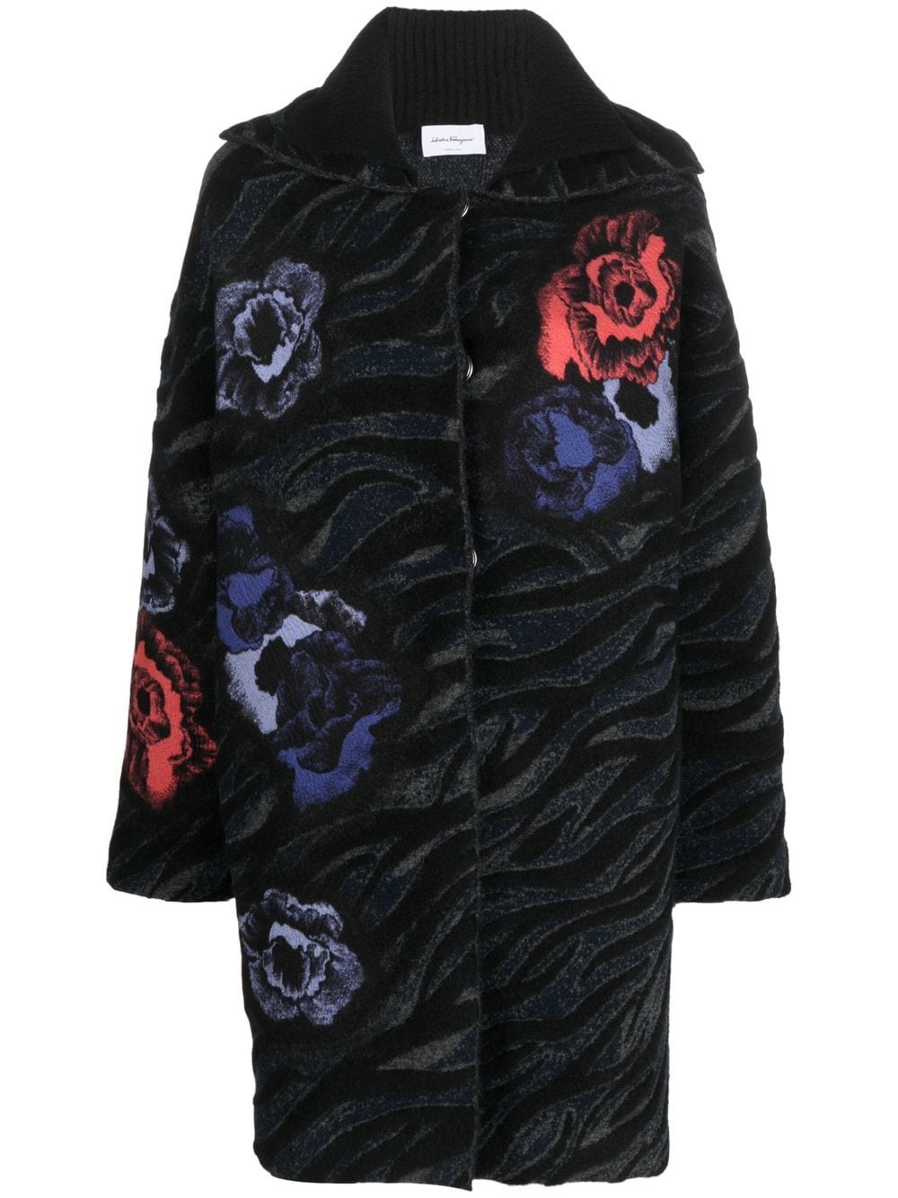 Shop Ferragamo Floral-embroidered Knitted Cardigan-coat In Black
