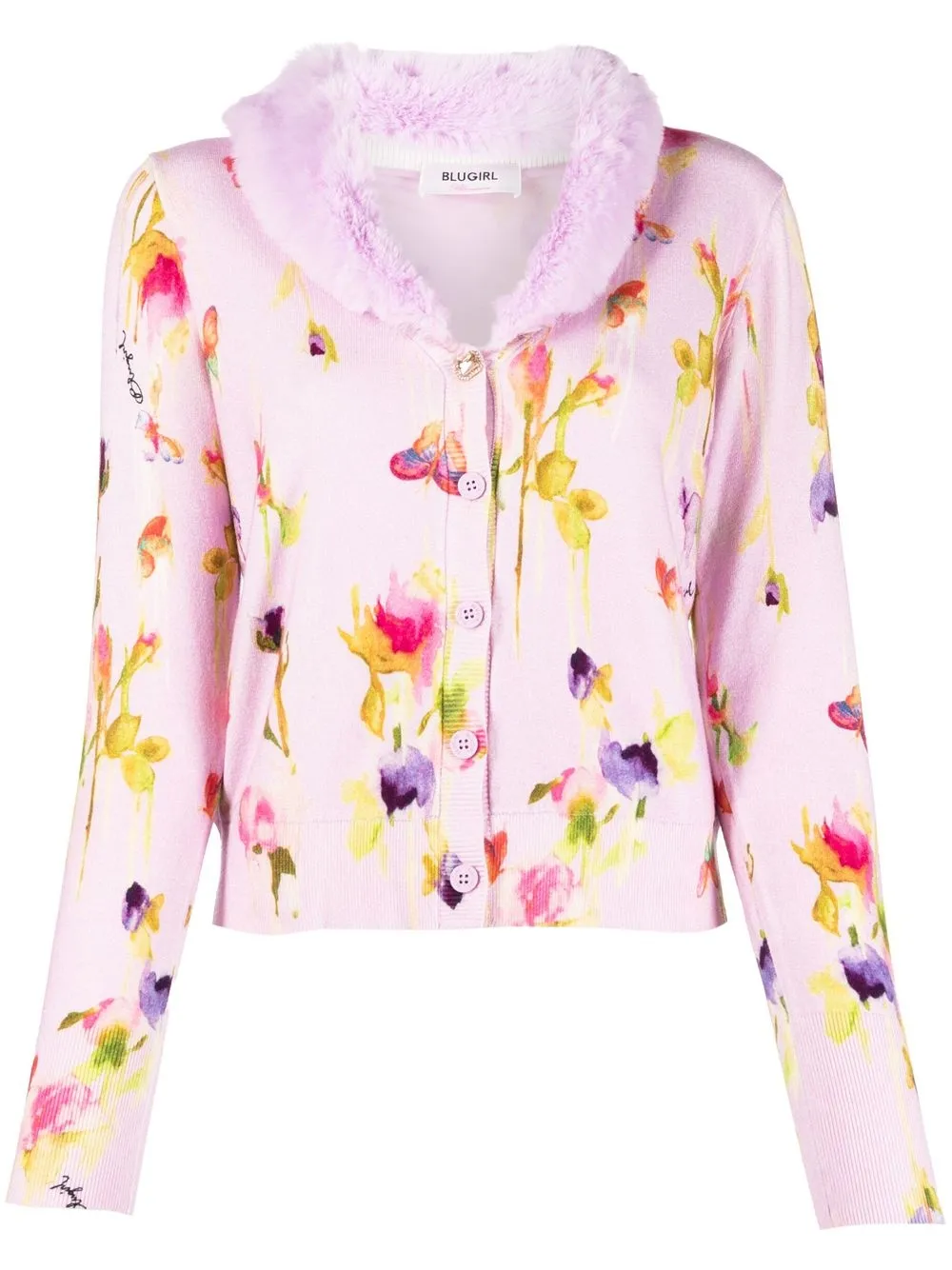 

Blugirl fur-trim floral-print cardigan - Pink