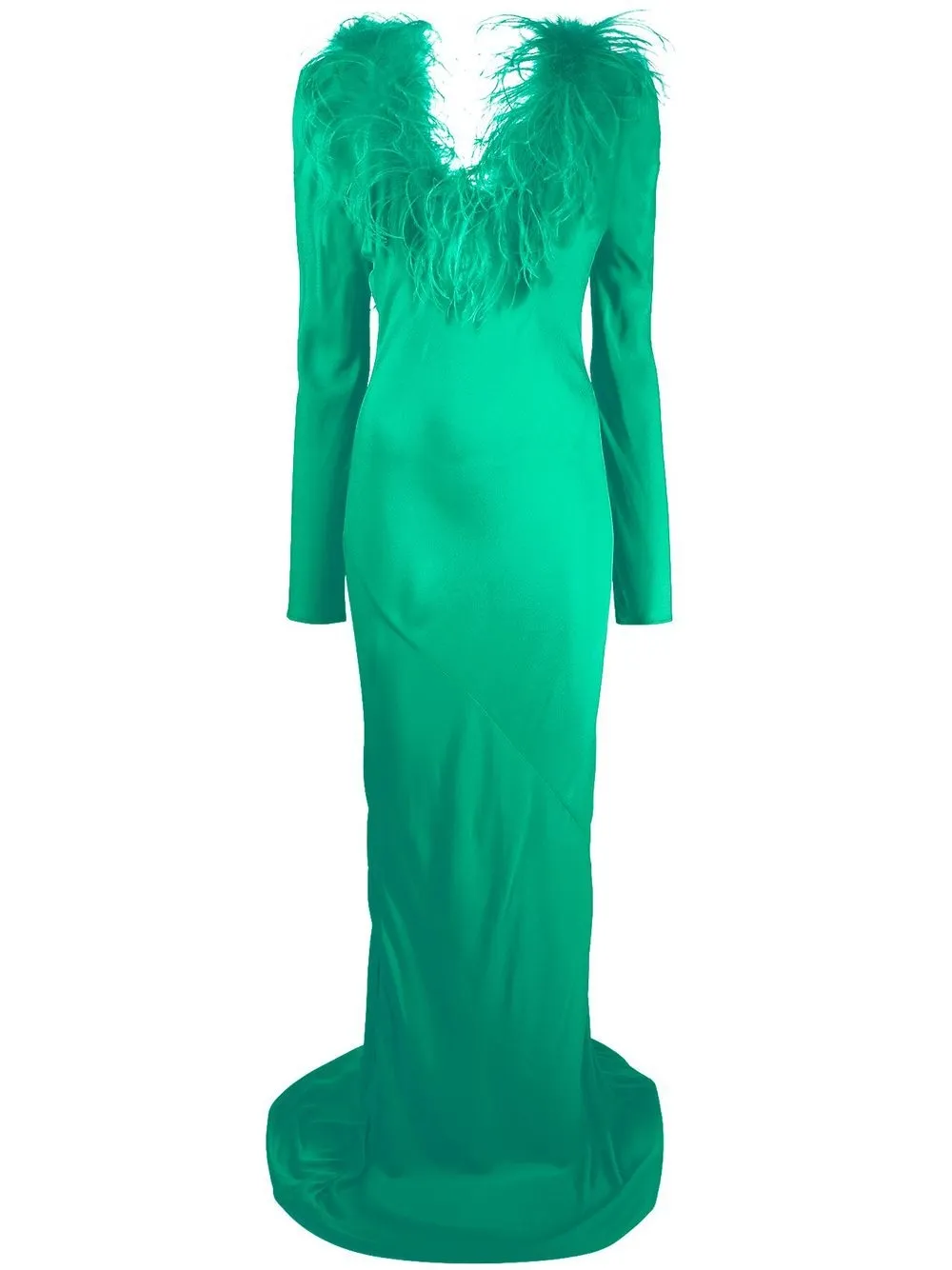 feathered floor length gown
