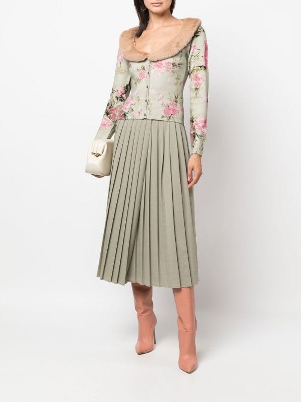 Blumarine floral-print fur-trim Cardigan - Farfetch