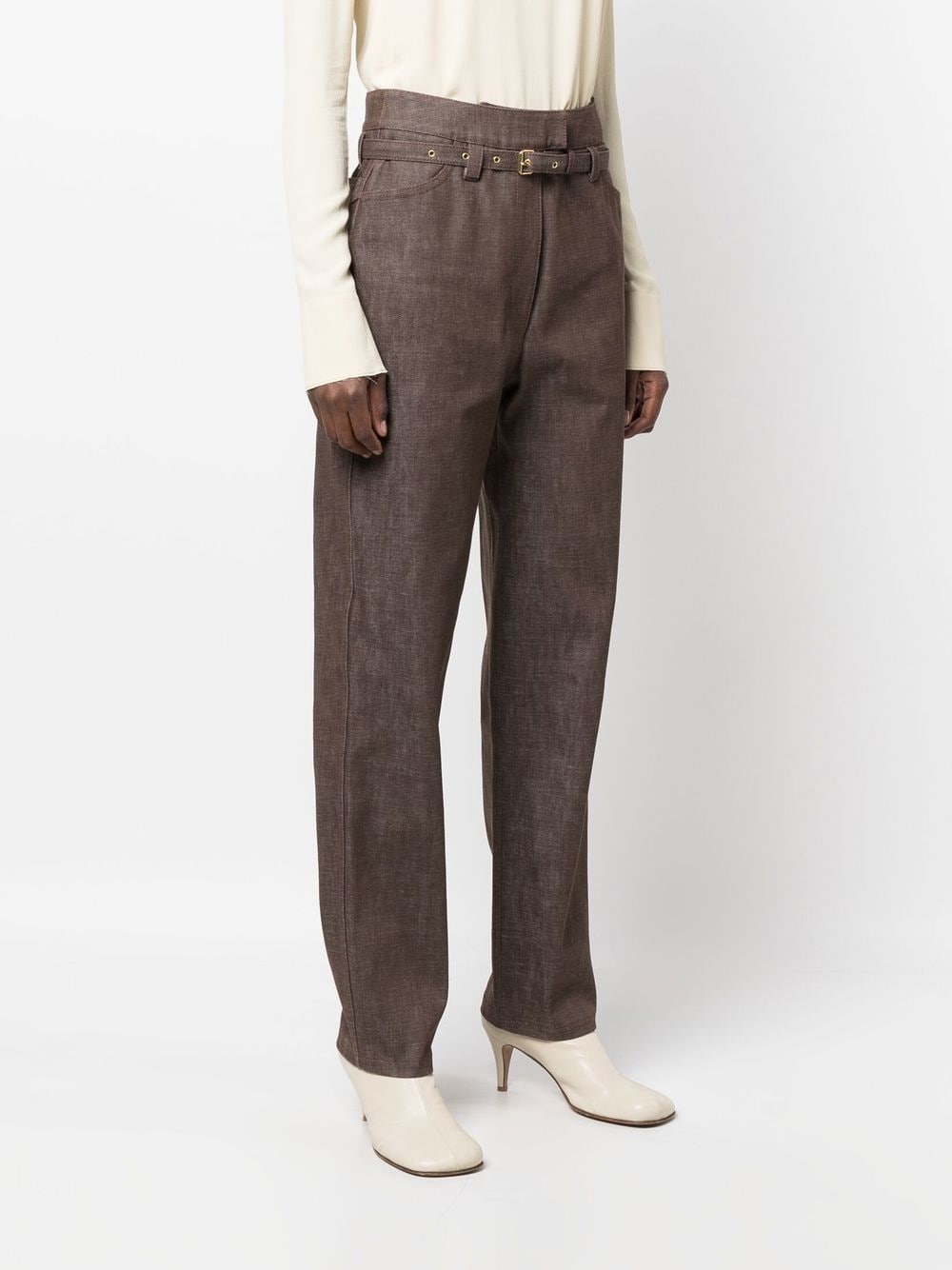 Shop Veronique Leroy Belted-waist Tailored Trousers In Brown