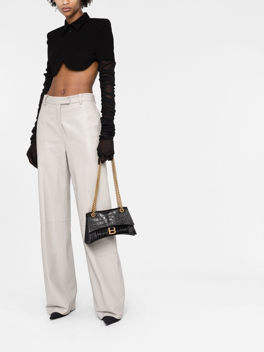 Shop Balenciaga Small Crush Crocodile-embossed Shoulder Bag In Black