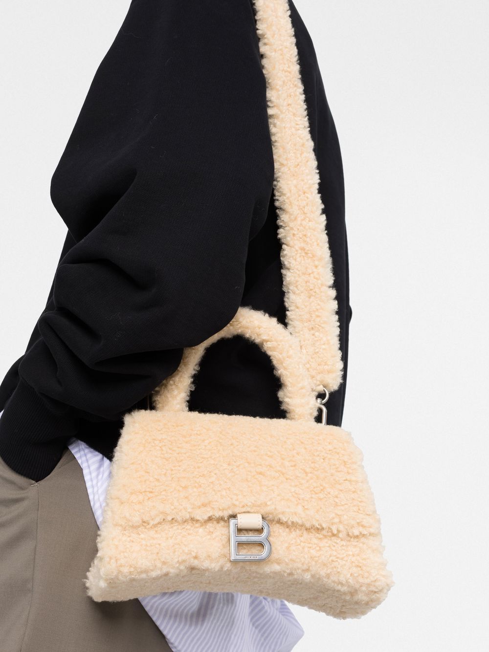 Shop Balenciaga Small Hourglass Furry Top-handle Bag In Neutrals