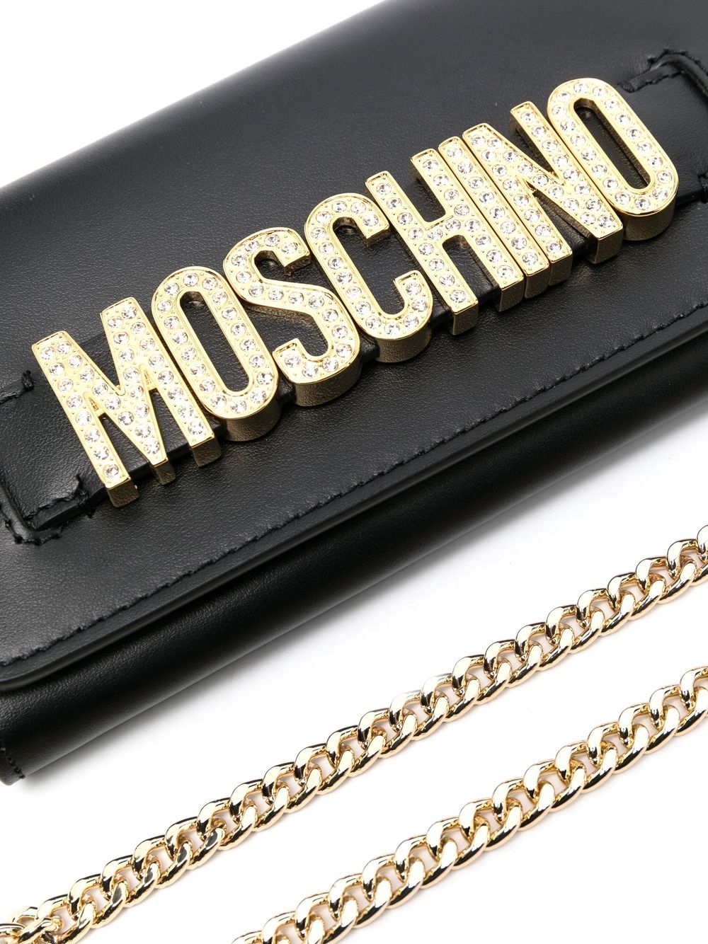 Moschino logo discount plaque clutch