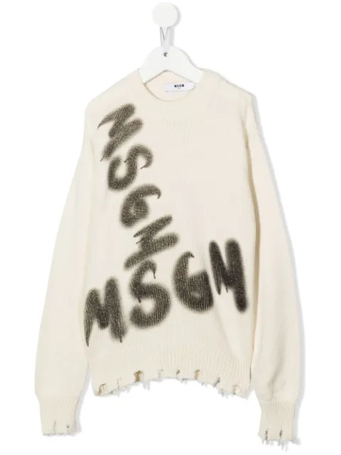 MSGM Kids distressed-hem logo-print jumper