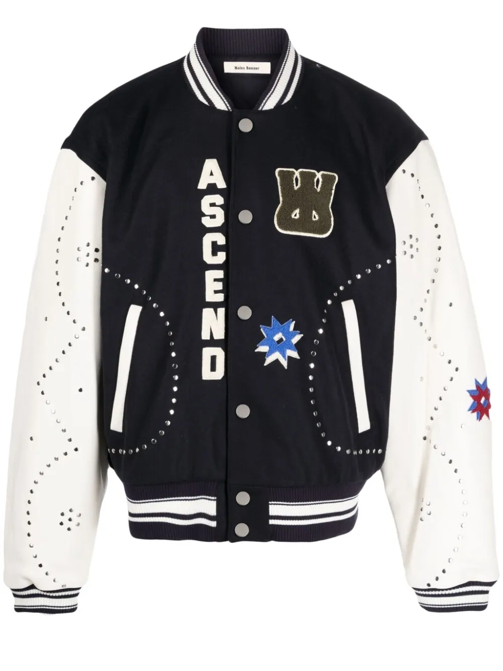 Wales Bonner Appliquéd Studded Woolblend And Leather Varsity Jacket In