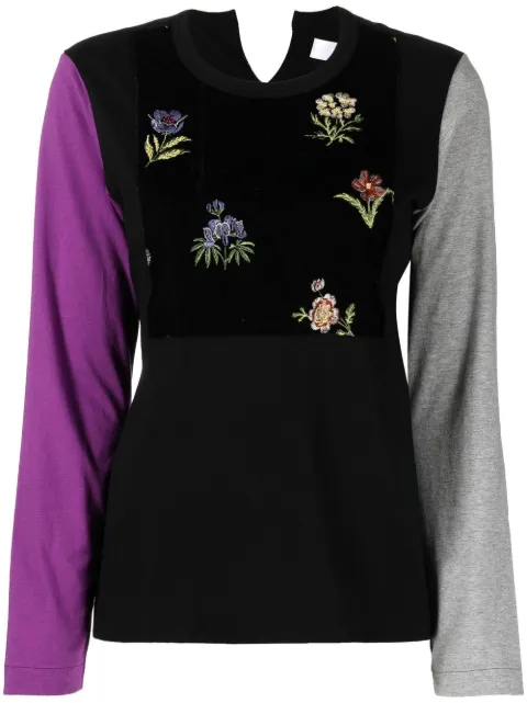 floral-embroidered contrast-sleeve top