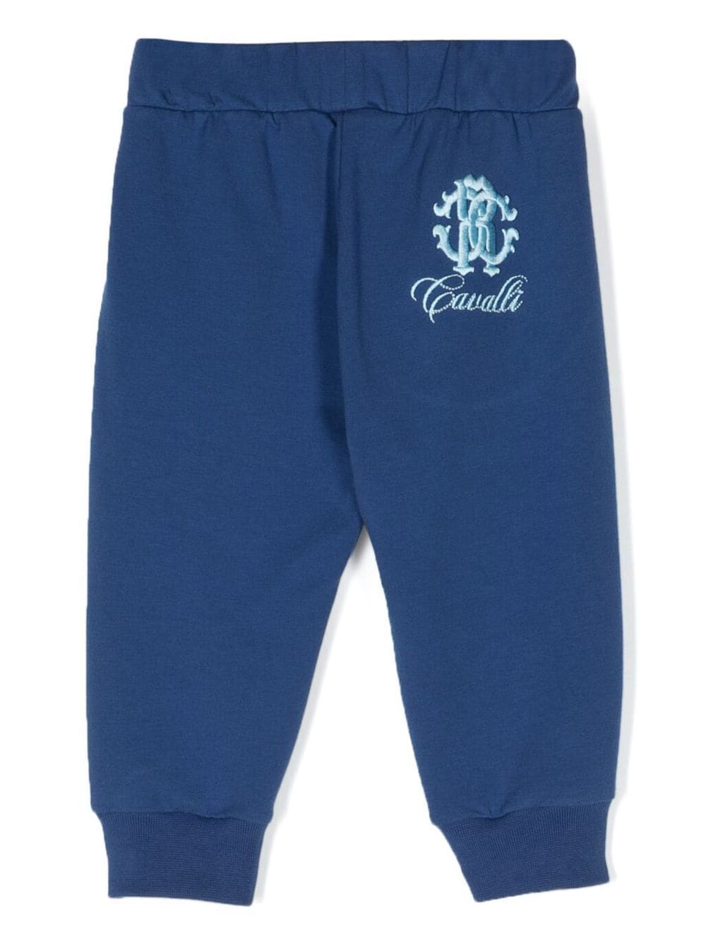 Shop Roberto Cavalli Junior Monogram-embroidered Track Pants In Blue