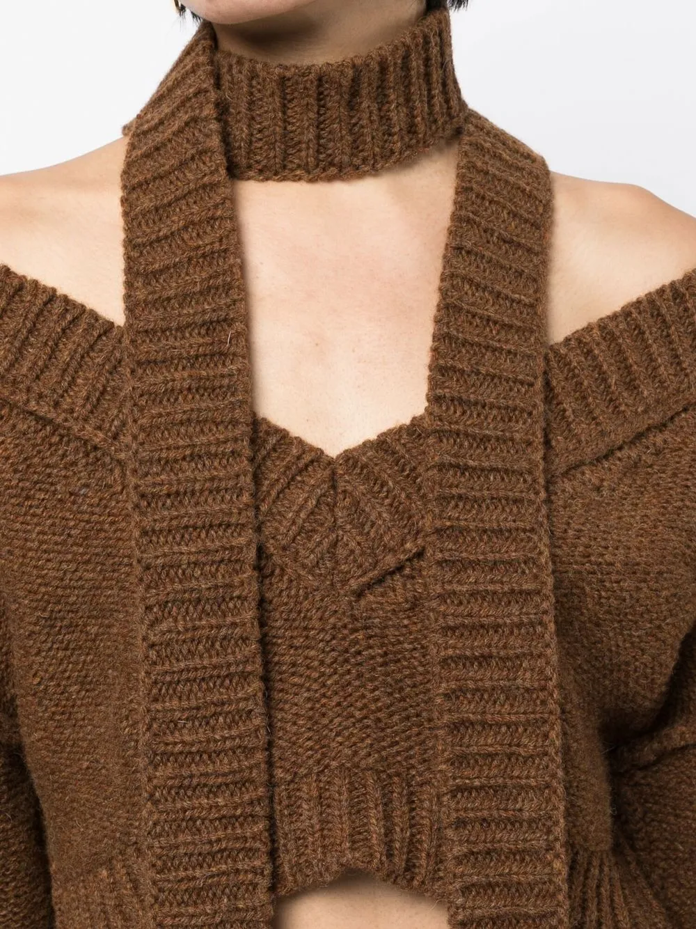 Meryll Rogge Off The Shoulder Crop Shetland Wool Sweater & Scarf In Brown