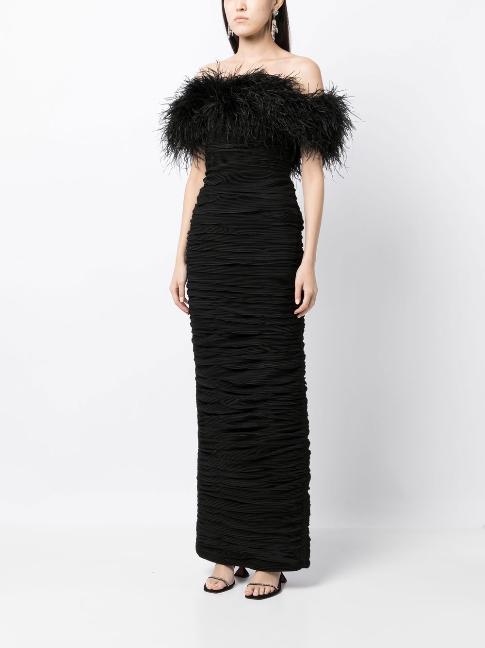 Shop Rachel Gilbert Zion Feather-trim Ruched Gown In Black