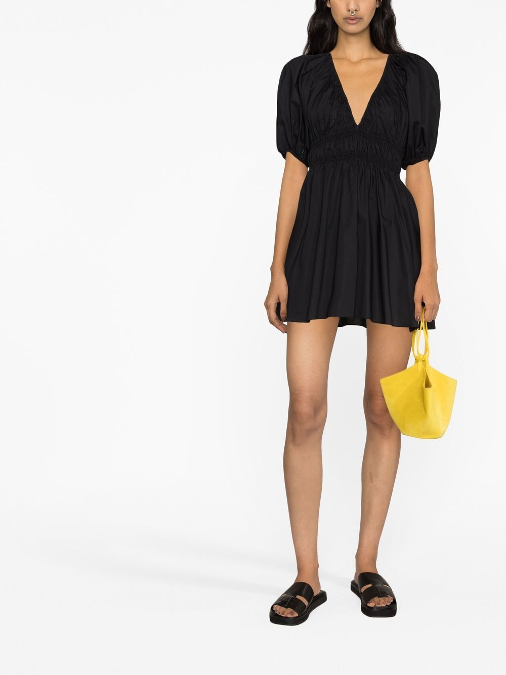 Shop Matteau Puff-sleeved Shirred Dress In Black