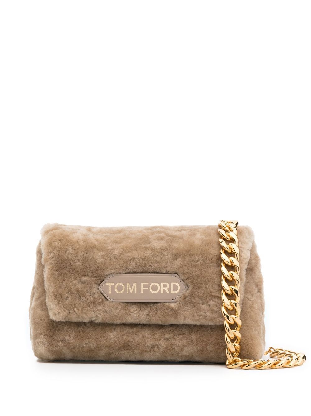 Tom Ford Mini Label Shearling Bag In Neutrals