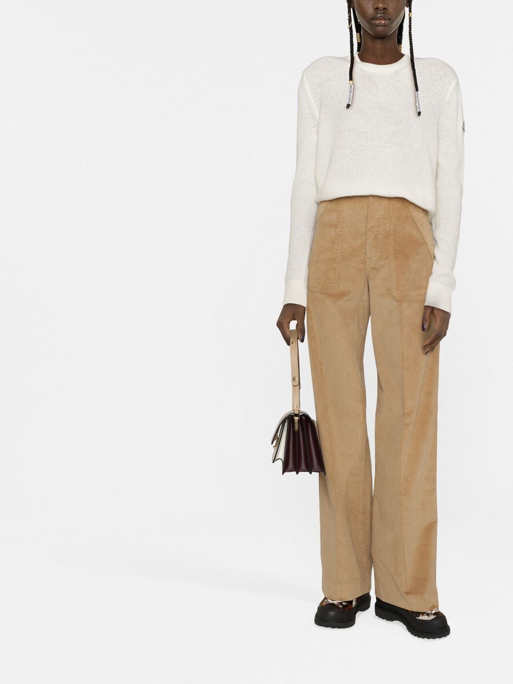 Shop Moncler High-waisted Straight Trousers In Neutrals