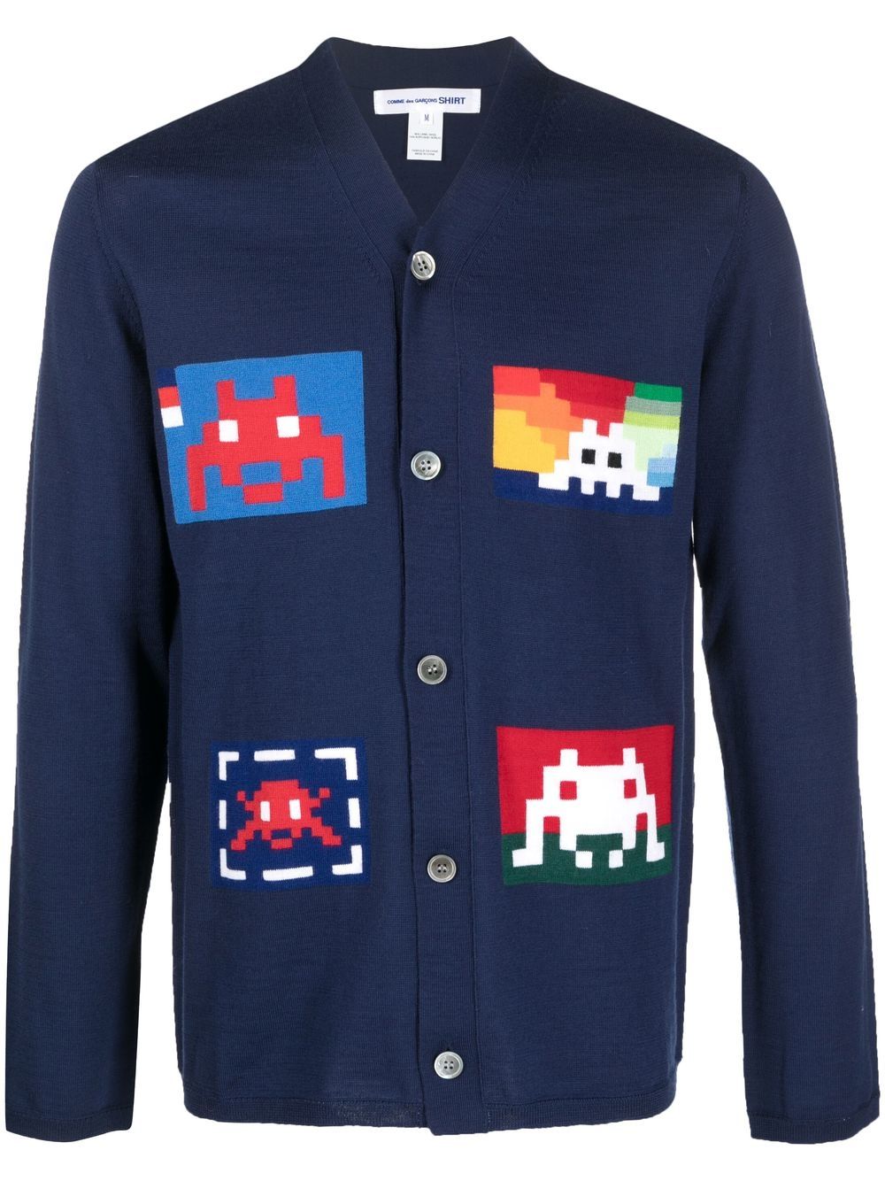 Shop Comme Des Garçons Shirt Pixel Intarsia-knit Cardigan In Blue