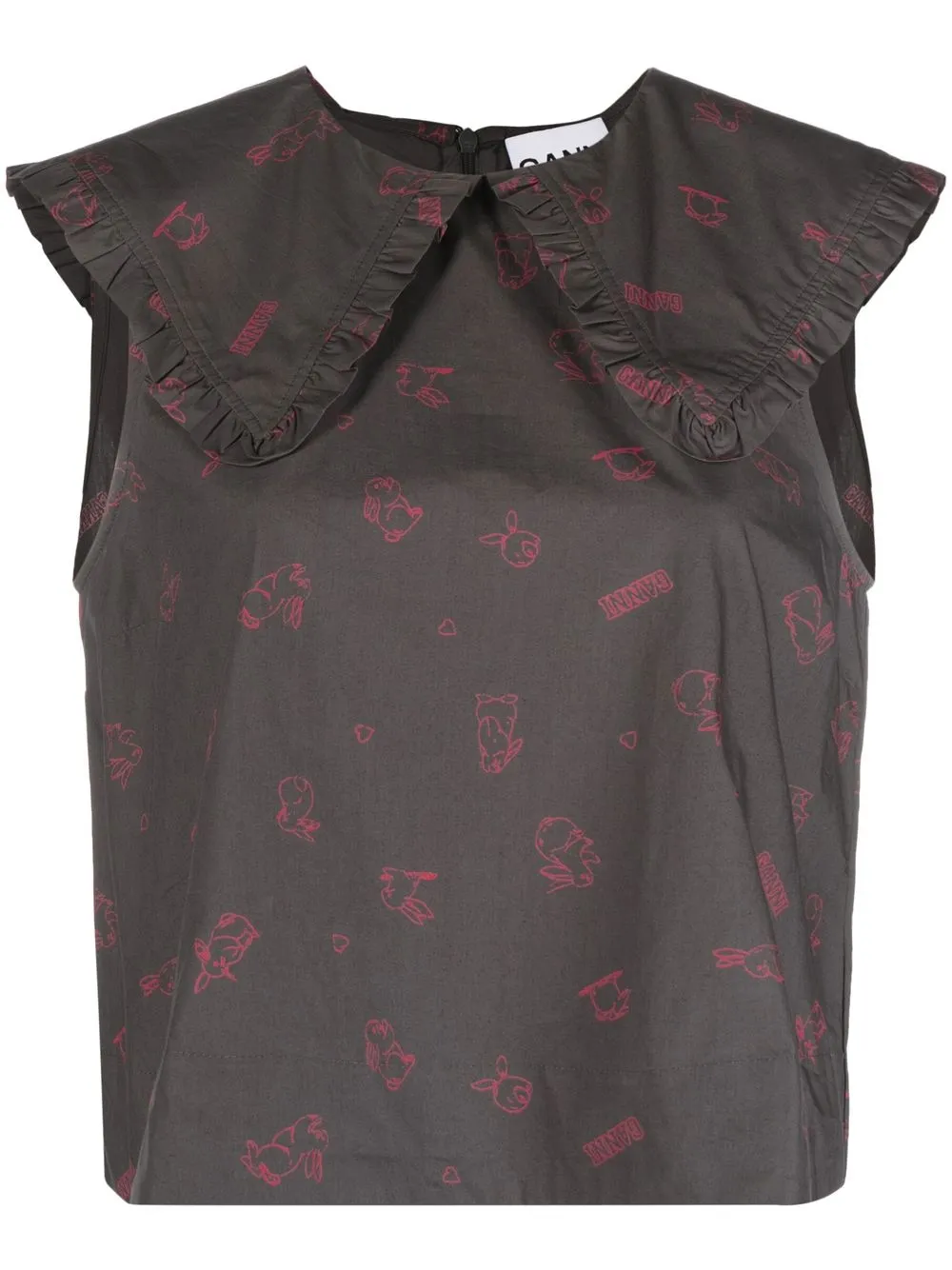 Ganni Bunny-print Collared Blouse In Grey