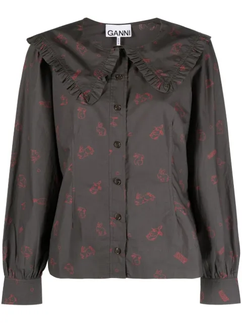GANNI bunny-print long-sleeve blouse