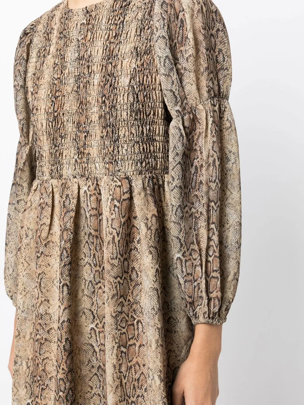 Ganni Snake-printed Smocked A-line Mini Dress In Brown