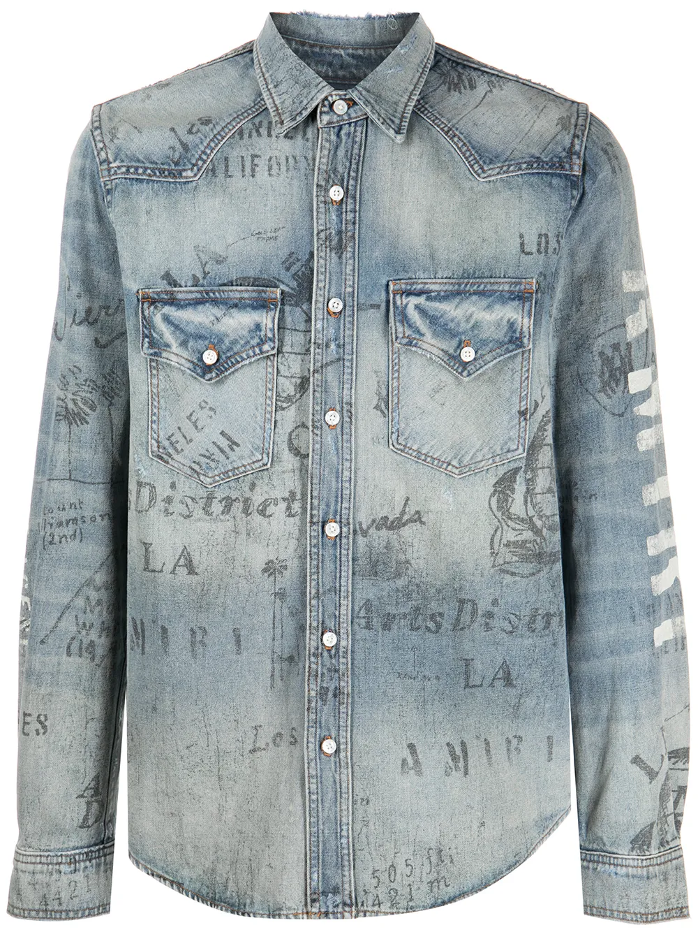 

AMIRI distressed logo print denim shirt - Blue