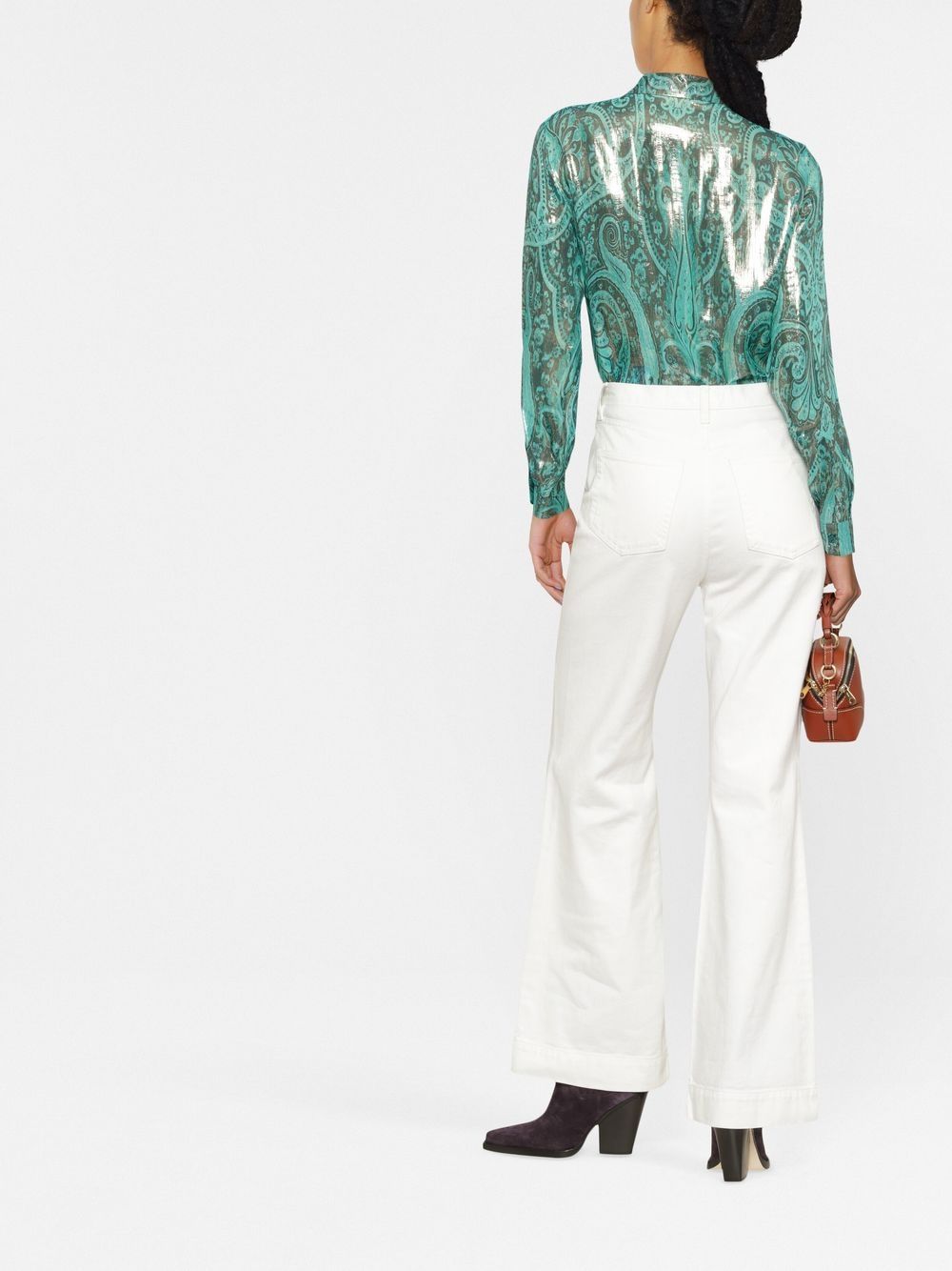 Paisley print silk trousers in purple and mint green