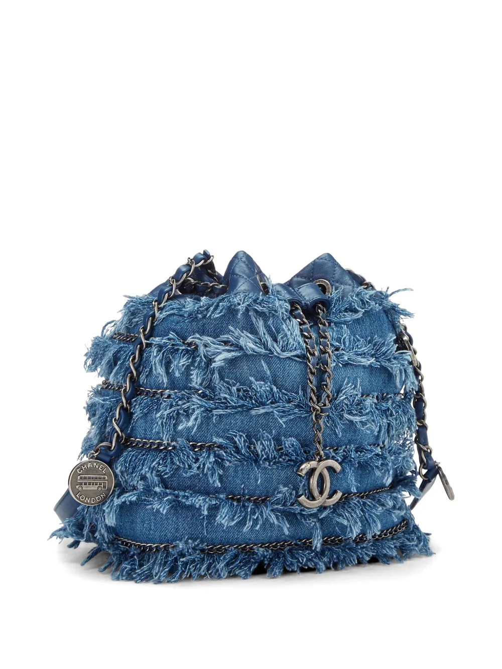 Chanel Pre-owned 2015 Rare Cruise Fringe Drawstring Bucket Bag in Blue, view 3
