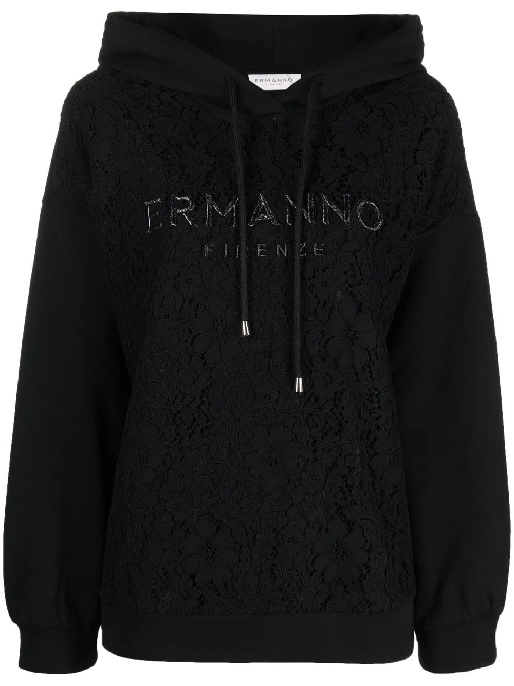 

ERMANNO FIRENZE logo-embroidered lace-detail hoodie - Black