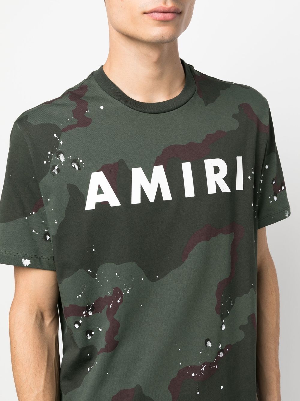 Amiri Paint Splatter Detail Crewneck Army Logo T-shirt In Green